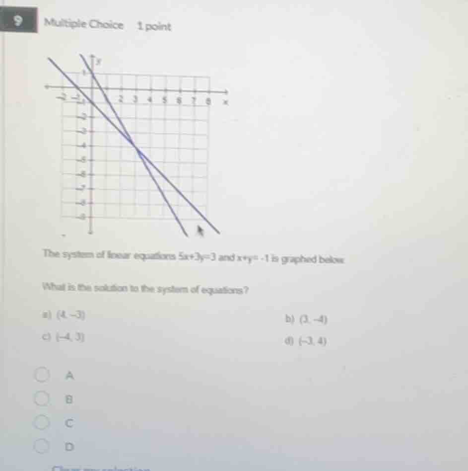 9 multiple choice 1 point the system of linear equations $5x + 3y = 3$ …