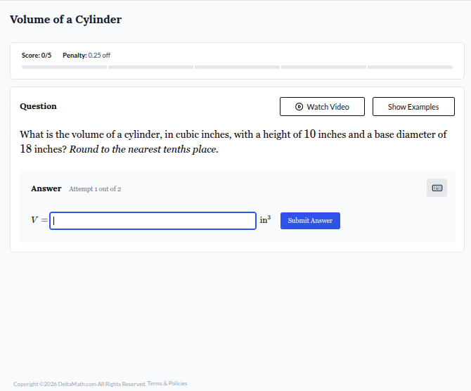 volume of a cylinder score:0/5 penalty: 0.25 off question what is the v…