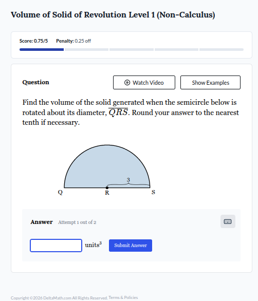 volume of solid of revolution level 1 (non - calculus) score: 0.75/5 pe…