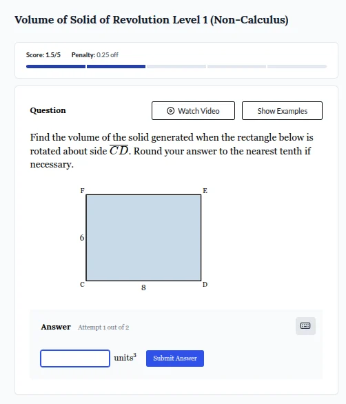 volume of solid of revolution level 1 (non - calculus) score:1.5/5 pena…