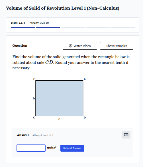 volume of solid of revolution level 1 (non - calculus) score:1.5/5 pena…