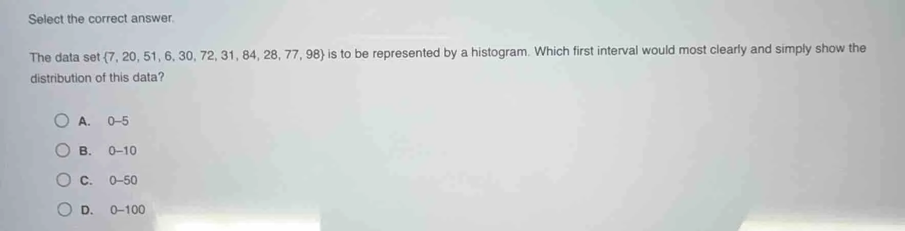 select the correct answer. the data set {7, 20, 51, 6, 30, 72, 31, 84, …