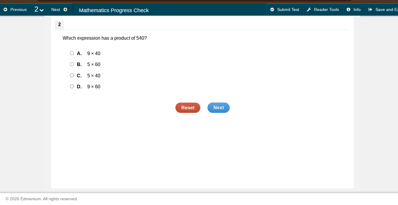 which expression has a product of 540? a. 9×40 b. 5×60 c. 5×40 d. 9×60
