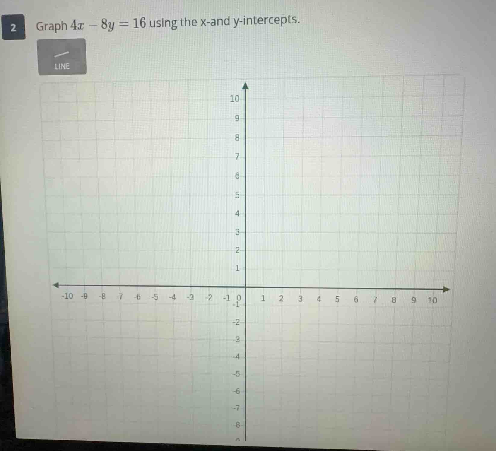 2 graph $4x - 8y = 16$ using the x-and y-intercepts. line (graph grid w…