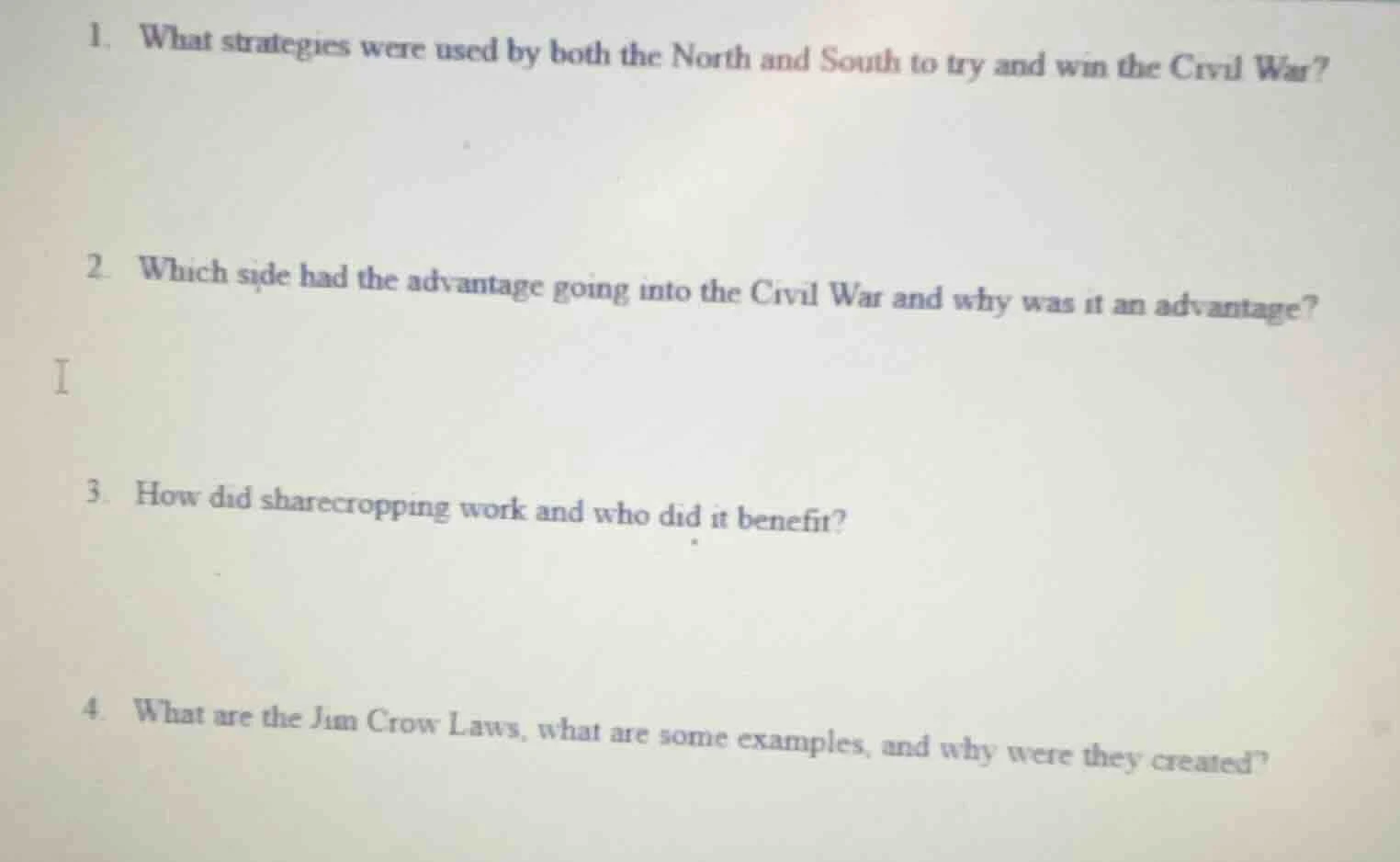 1. what strategies were used by both the north and south to try and win…
