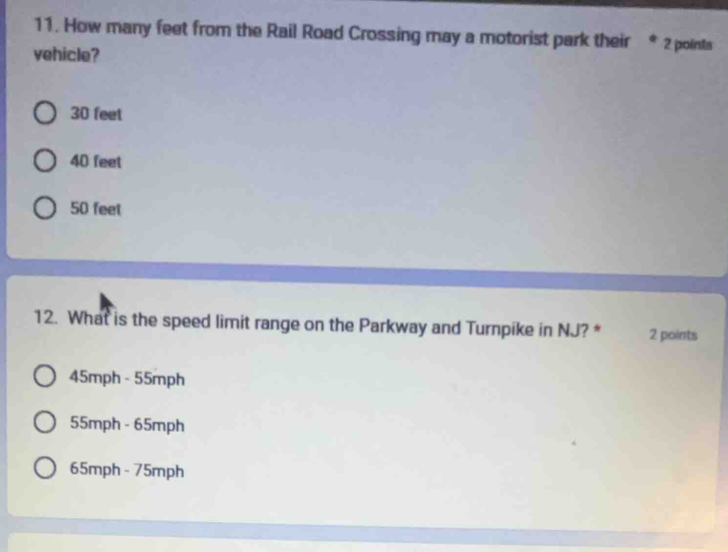 11. how many feet from the rail road crossing may a motorist park their…