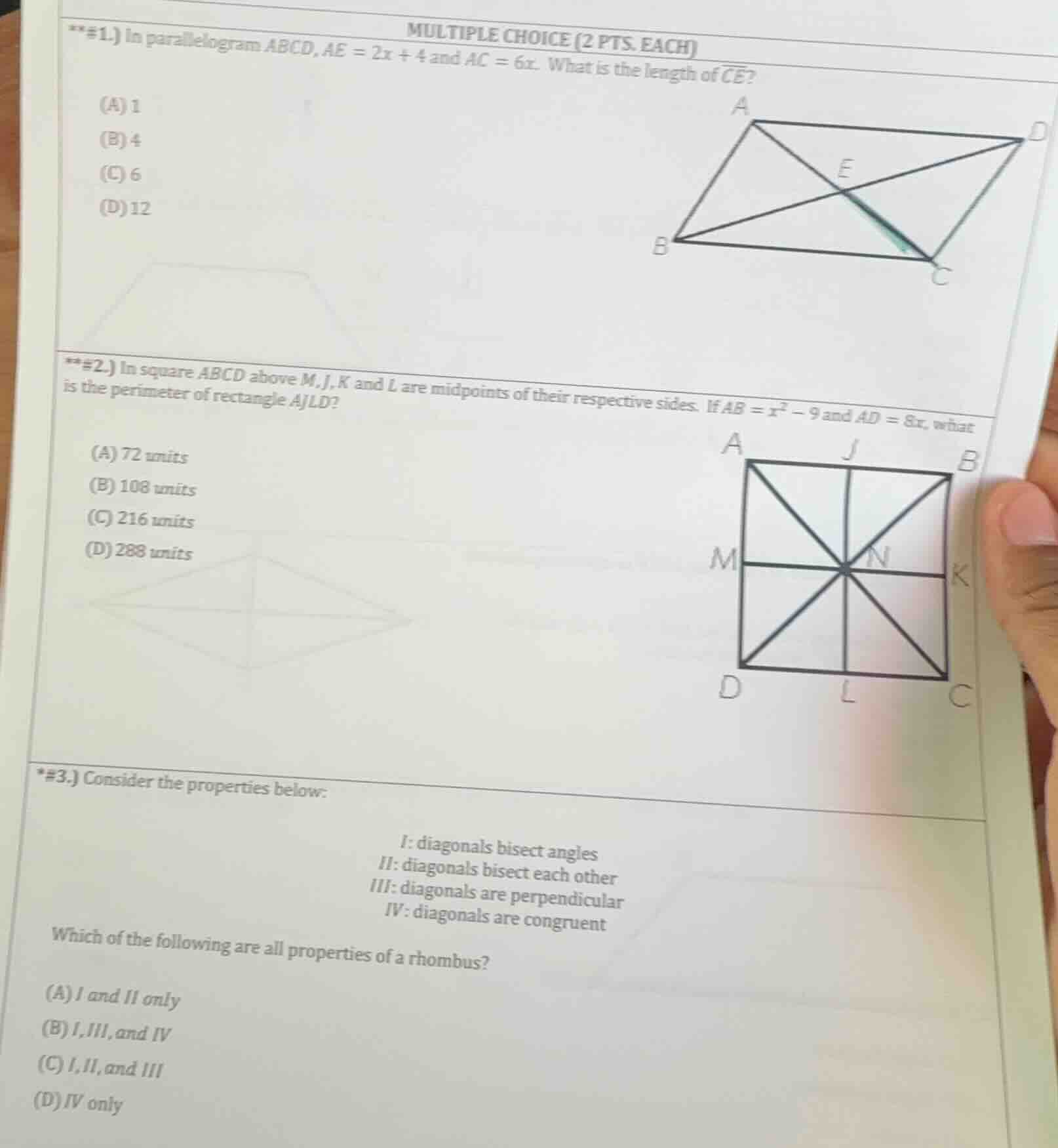 multiple choice (2 pts. each) **#1.) in parallelogram abcd, ae = 2x + 4…