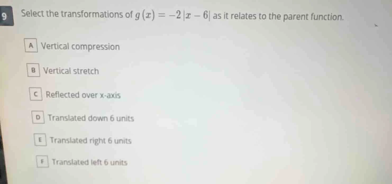 9 select the transformations of $g(x) = -2|x - 6|$ as it relates to the…