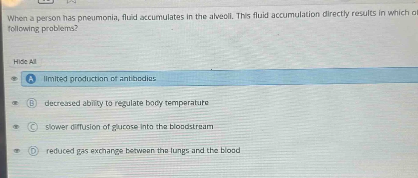 when a person has pneumonia, fluid accumulates in the alveoli. this flu…