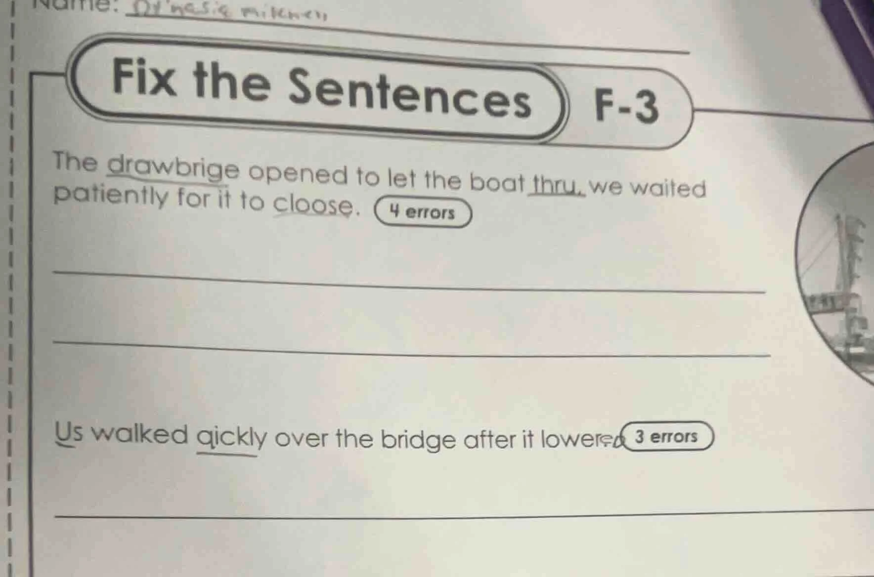 name: fix the sentences f-3 the drawbrige opened to let the boat thru, …