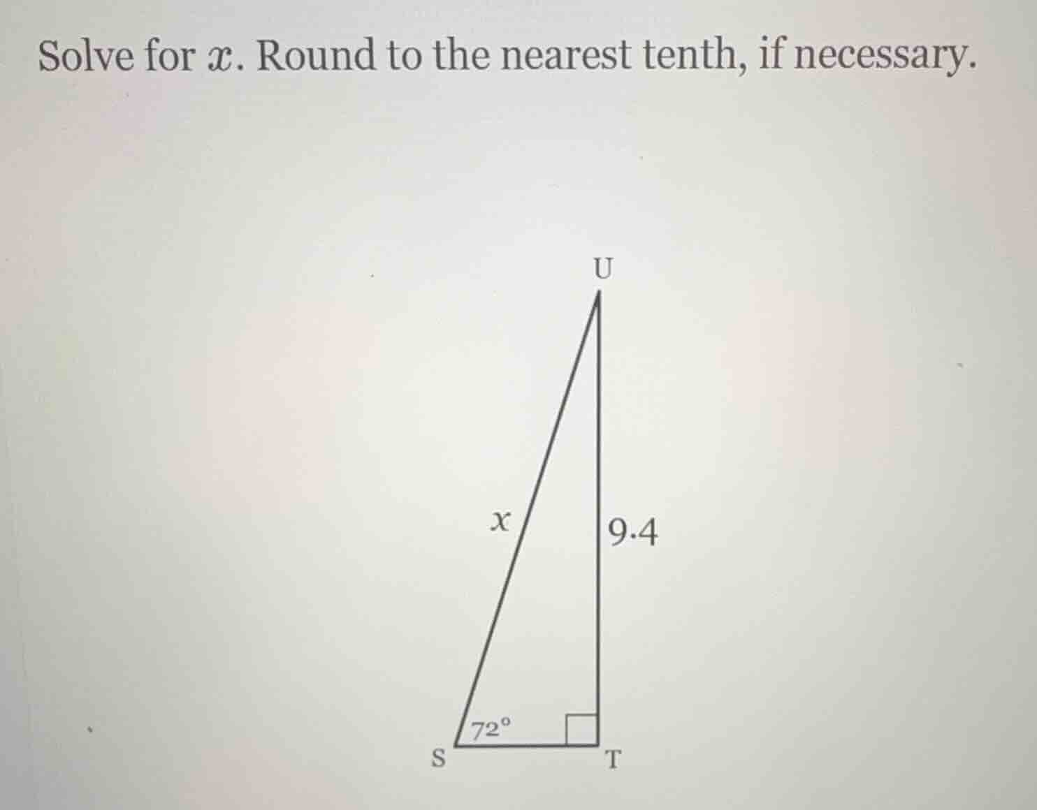 solve for x. round to the nearest tenth, if necessary. triangle image w…