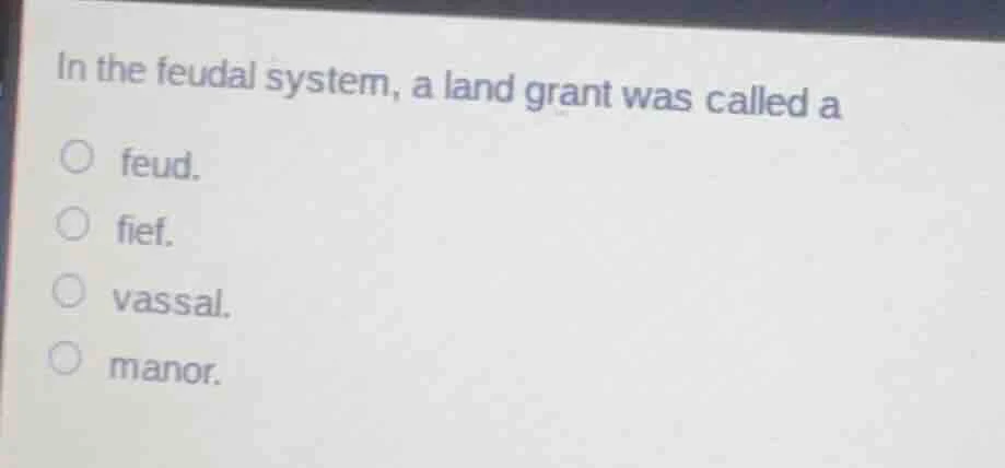 in the feudal system, a land grant was called a ○ feud. ○ fief. ○ vassa…