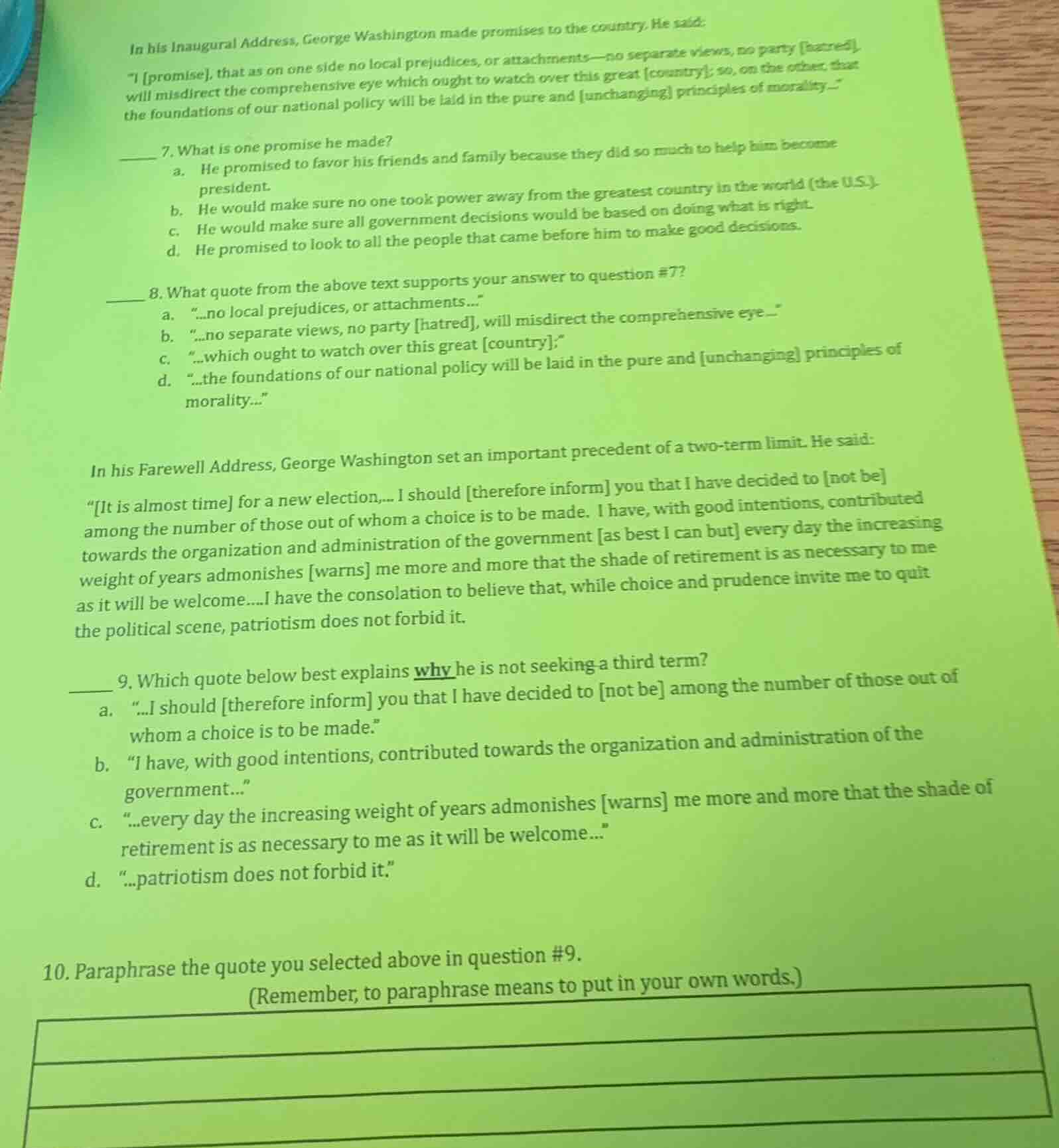 in his inaugural address, george washington made promises to the countr…