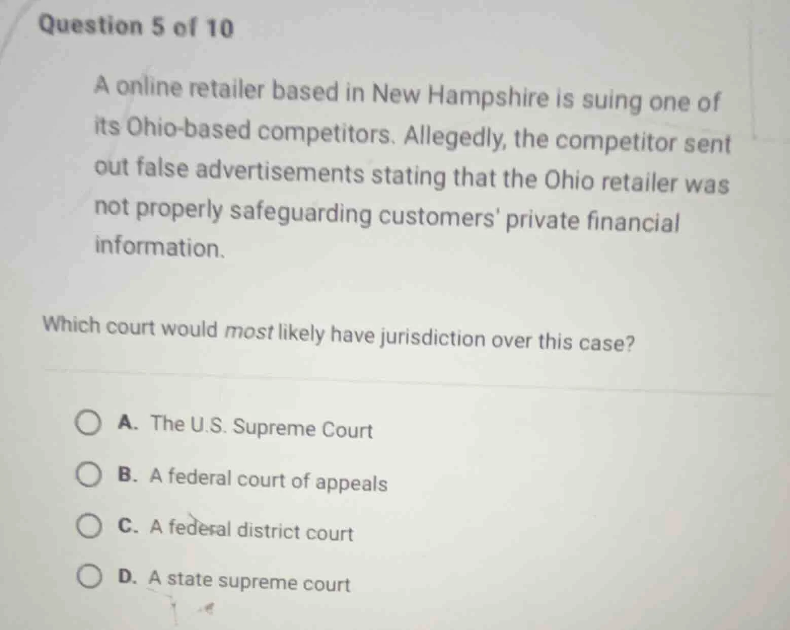 question 5 of 10 a online retailer based in new hampshire is suing one …