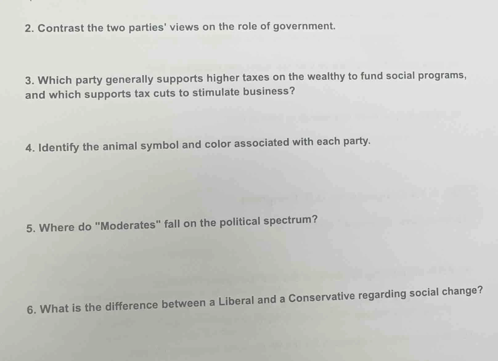 2. contrast the two parties views on the role of government. 3. which p…
