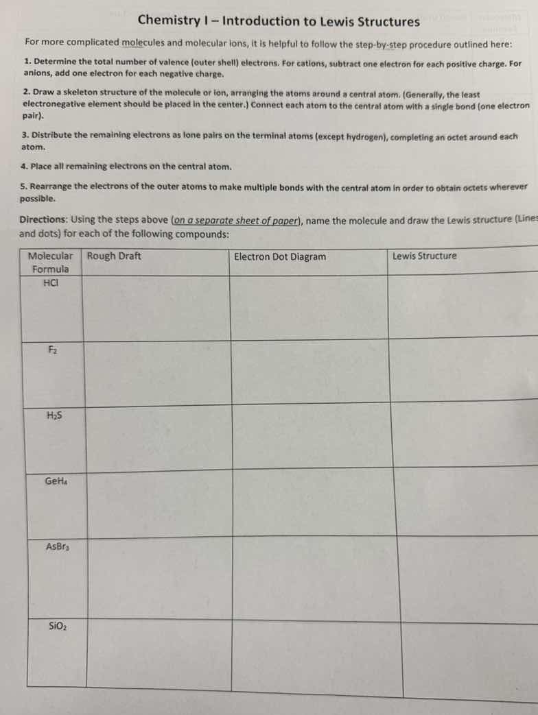 chemistry i – introduction to lewis structures for more complicated mol…