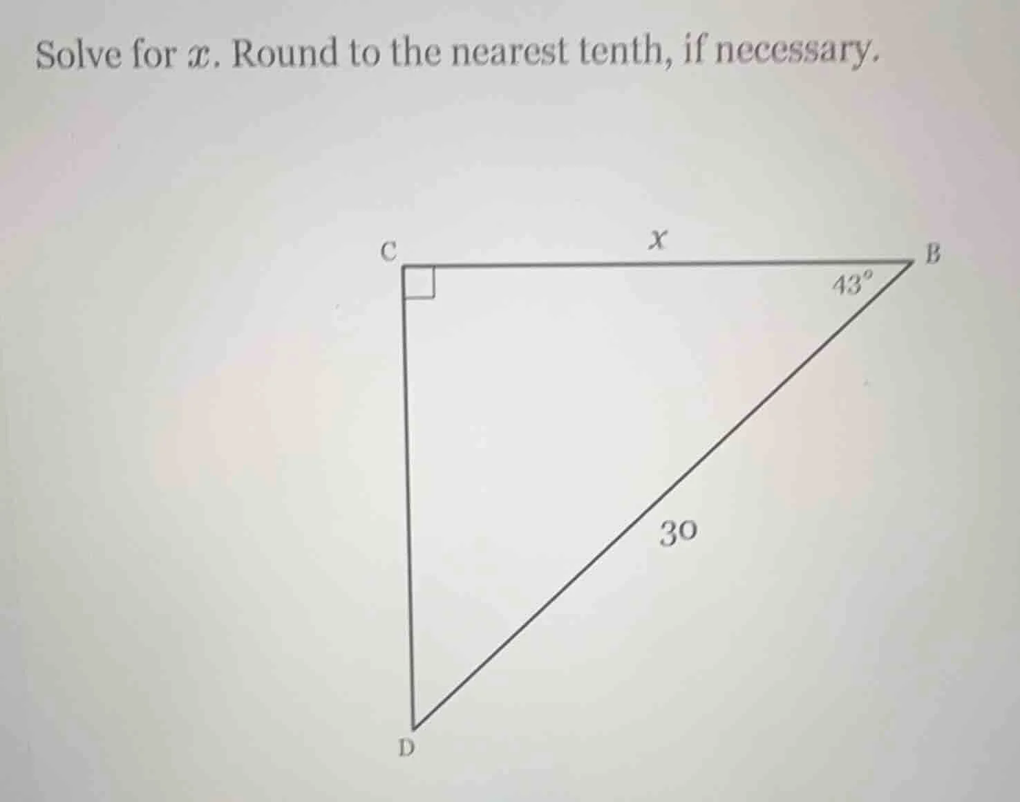 solve for x. round to the nearest tenth, if necessary. triangle image w…