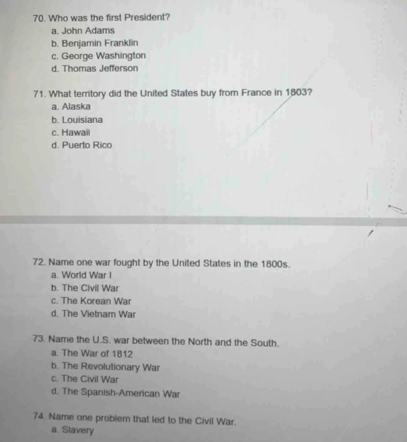 70. who was the first president? a. john adams b. benjamin franklin c. …
