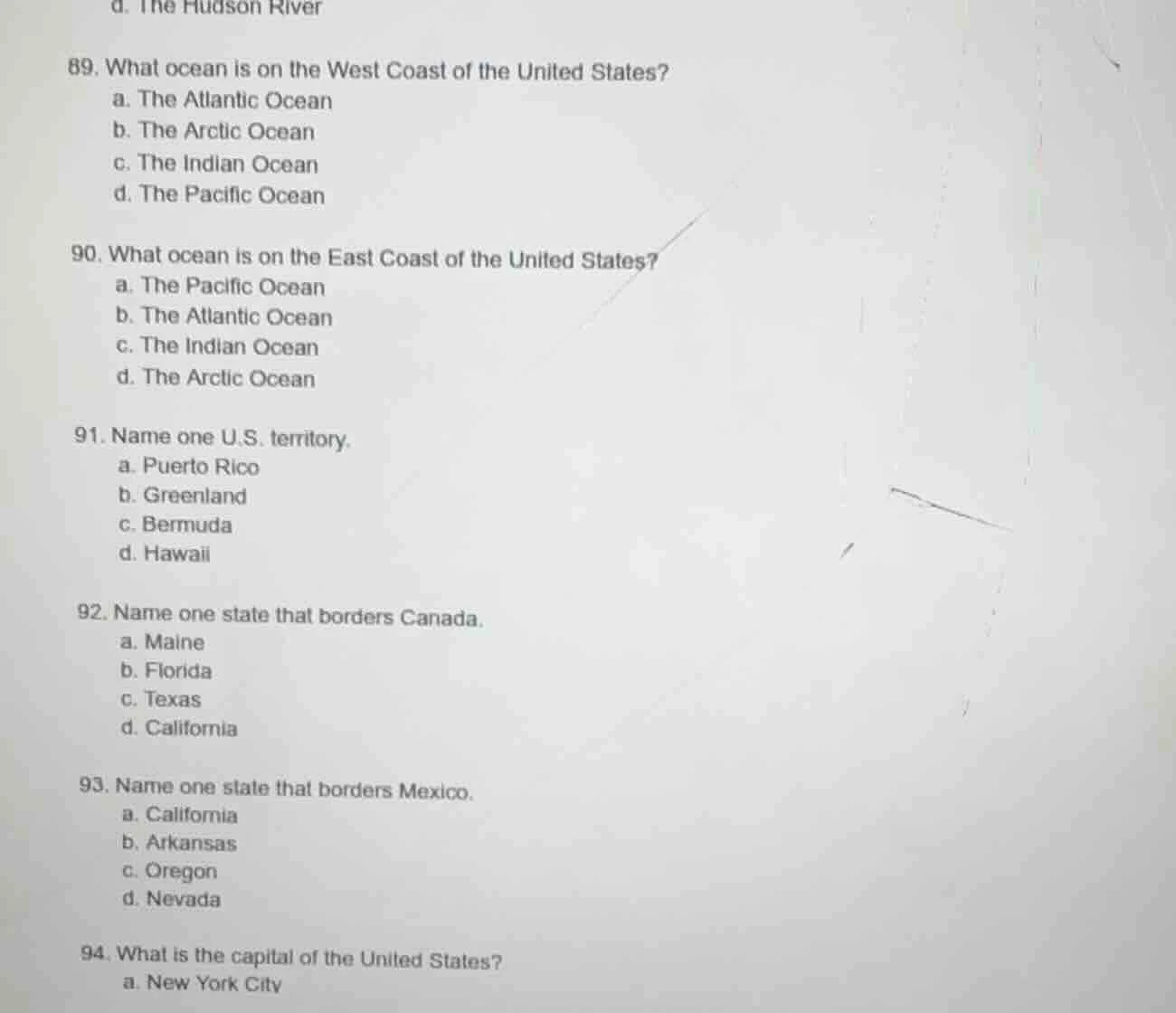 d. the hudson river 89. what ocean is on the west coast of the united s…