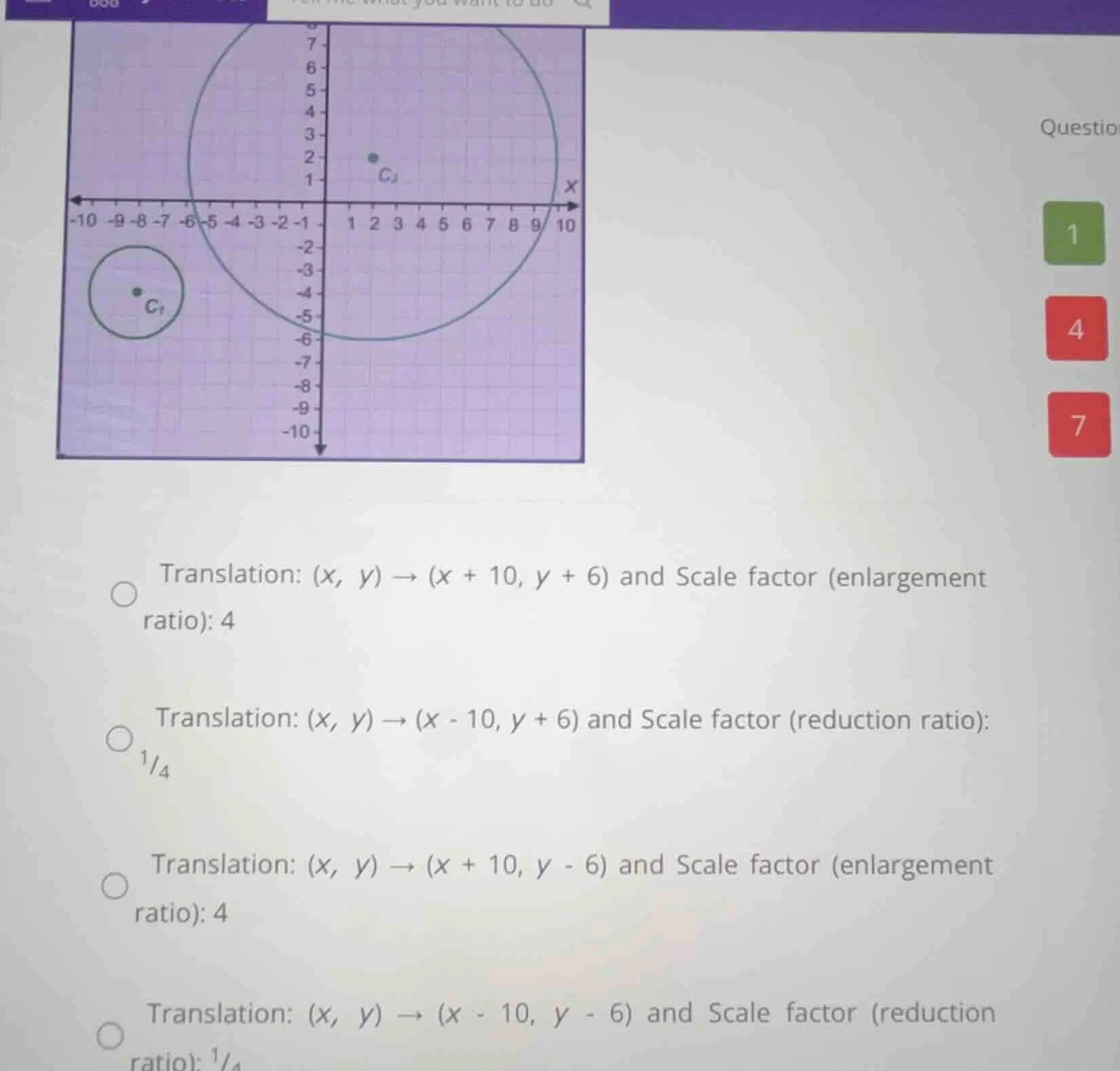 translation: (x, y) → (x + 10, y + 6) and scale factor (enlargement rat…