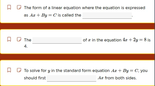the form of a linear equation where the equation is expressed as $ax + …