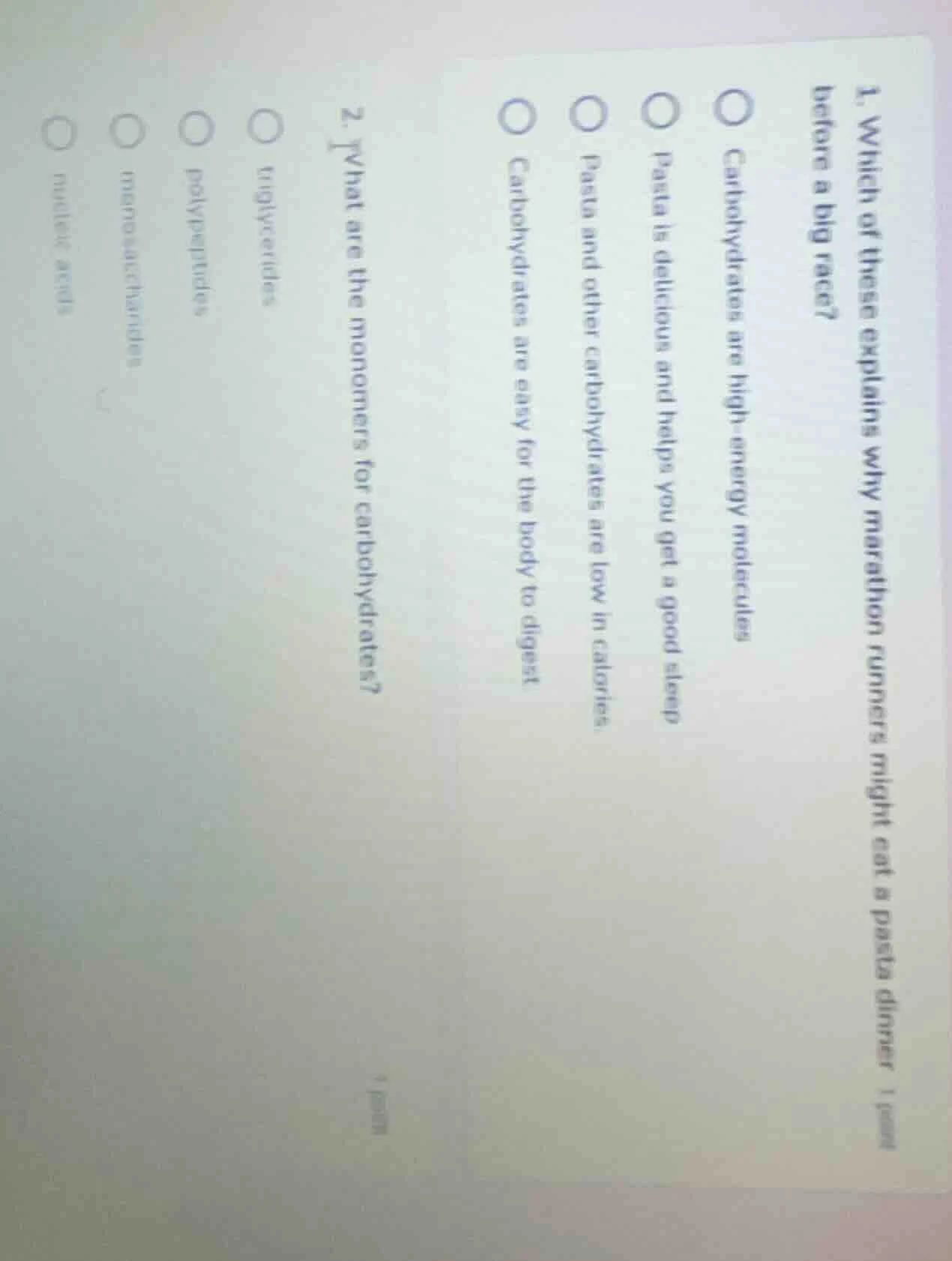 1. which of these explains why marathon runners might eat a pasta dinne…