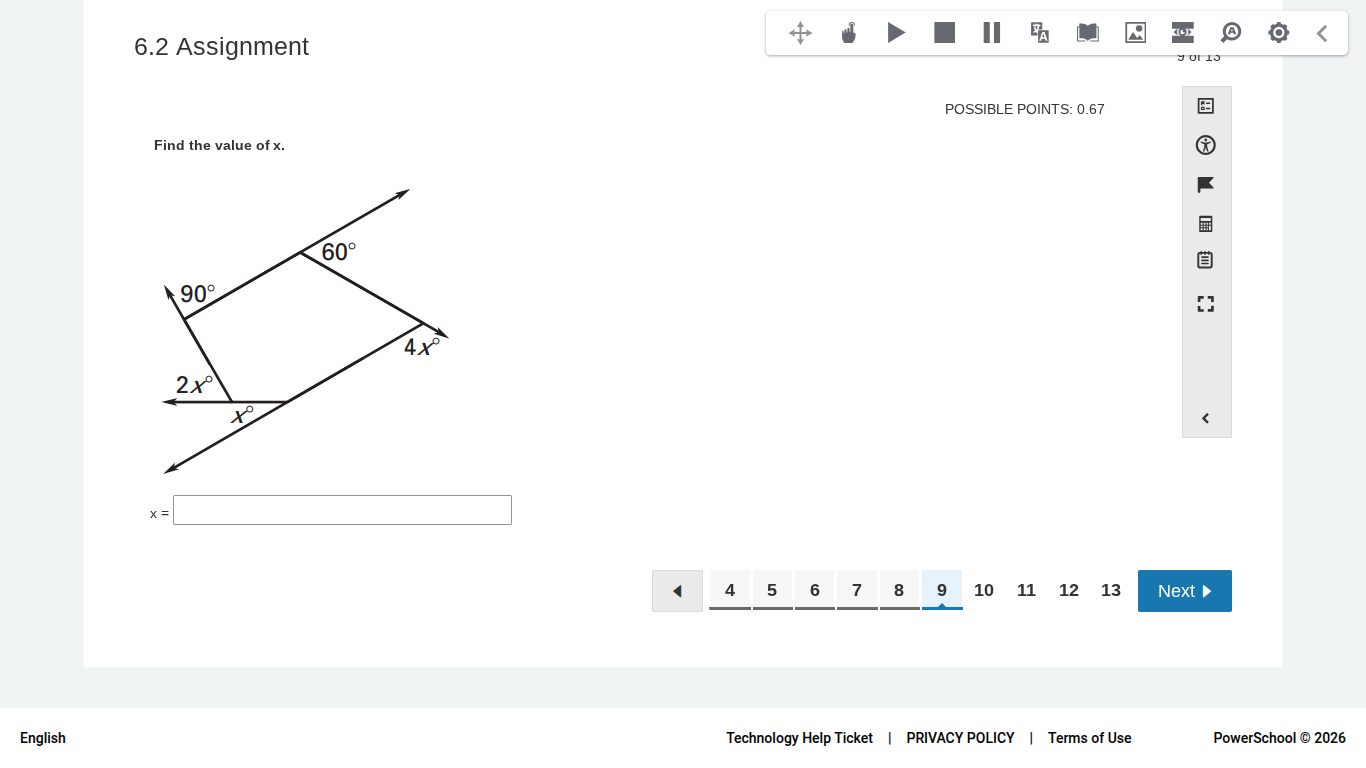 6.2 assignment possible points: 0.67 find the value of x. (there is a d…