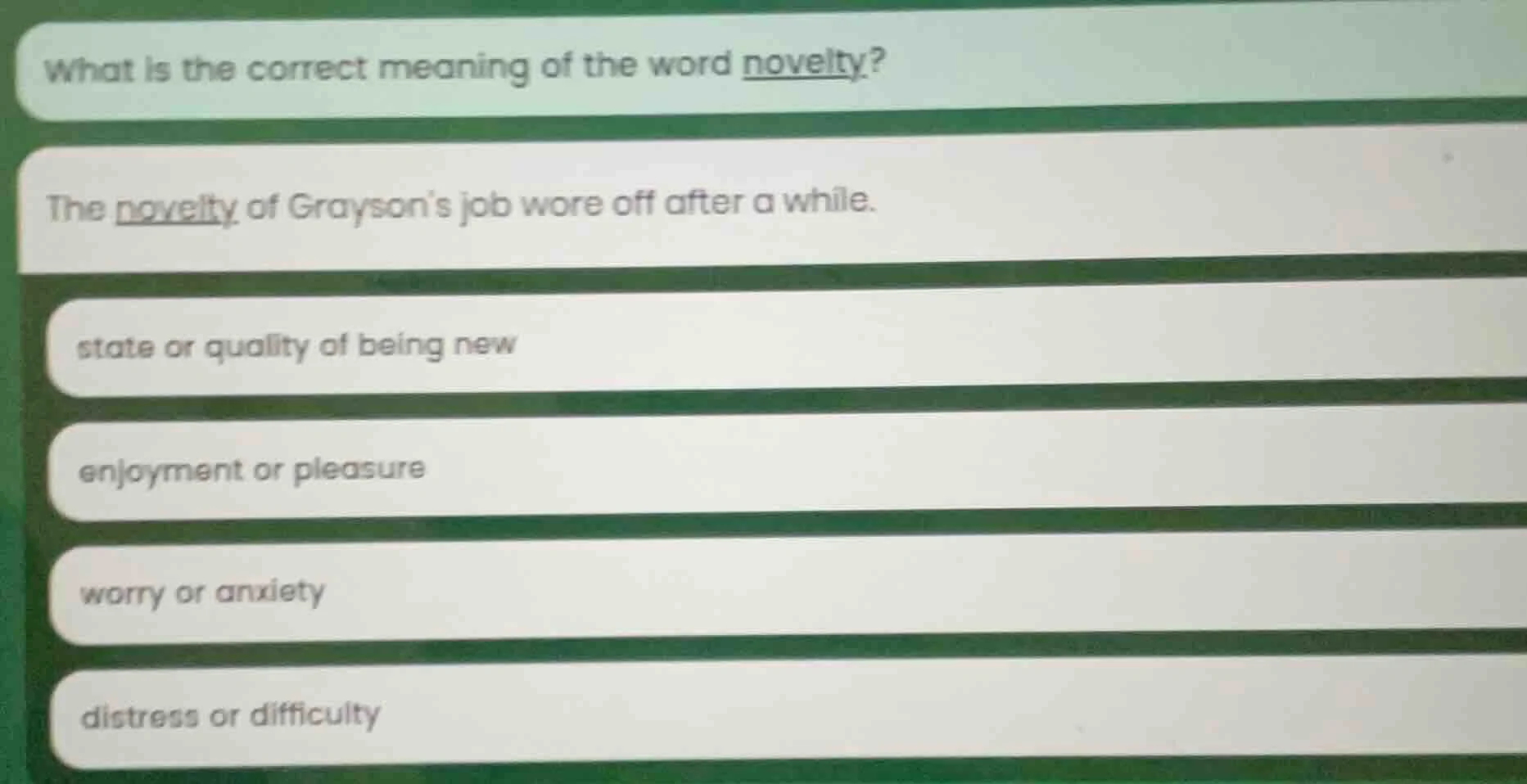 what is the correct meaning of the word novelty? the novelty of grayson…