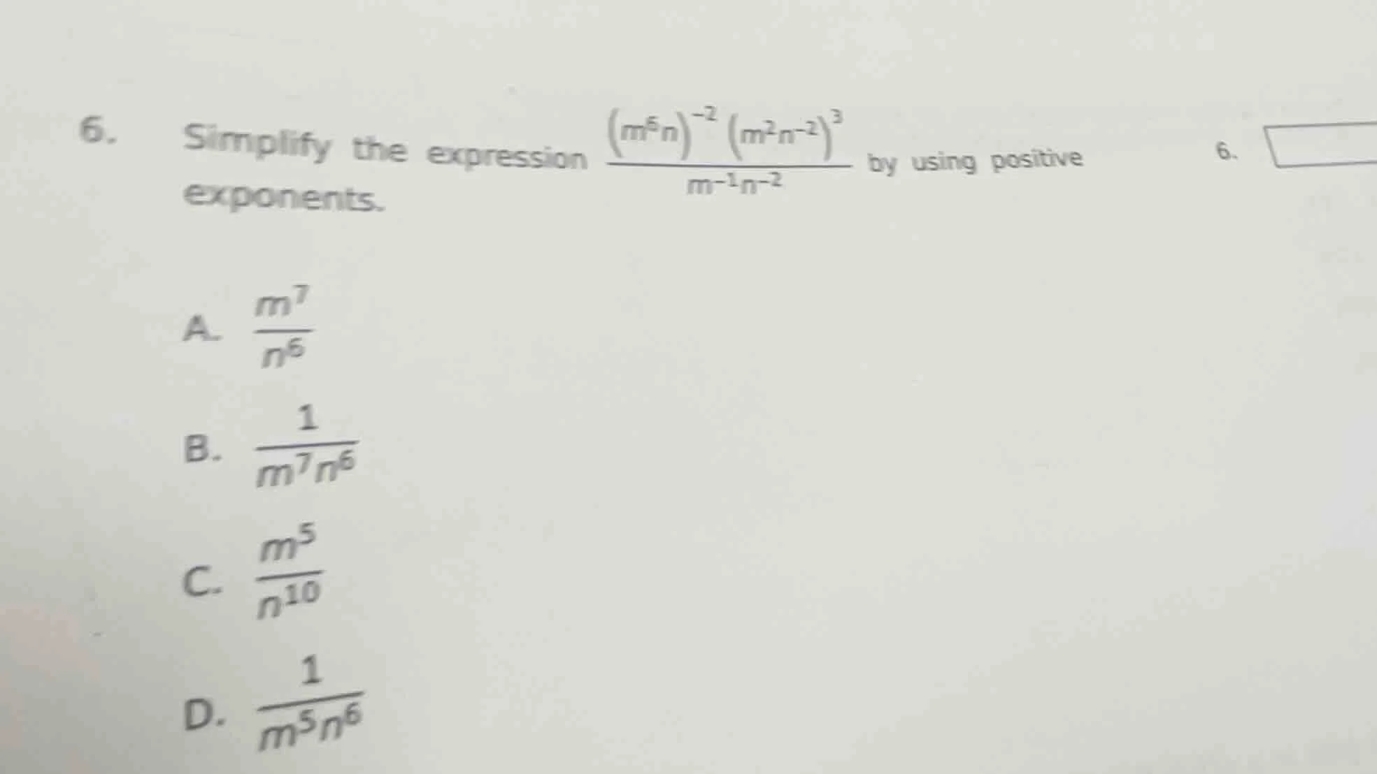 6. simplify the expression \\(\\frac{(m^5n)^{-2}(m^2n^{-2})^3}{m^{-1}n^…