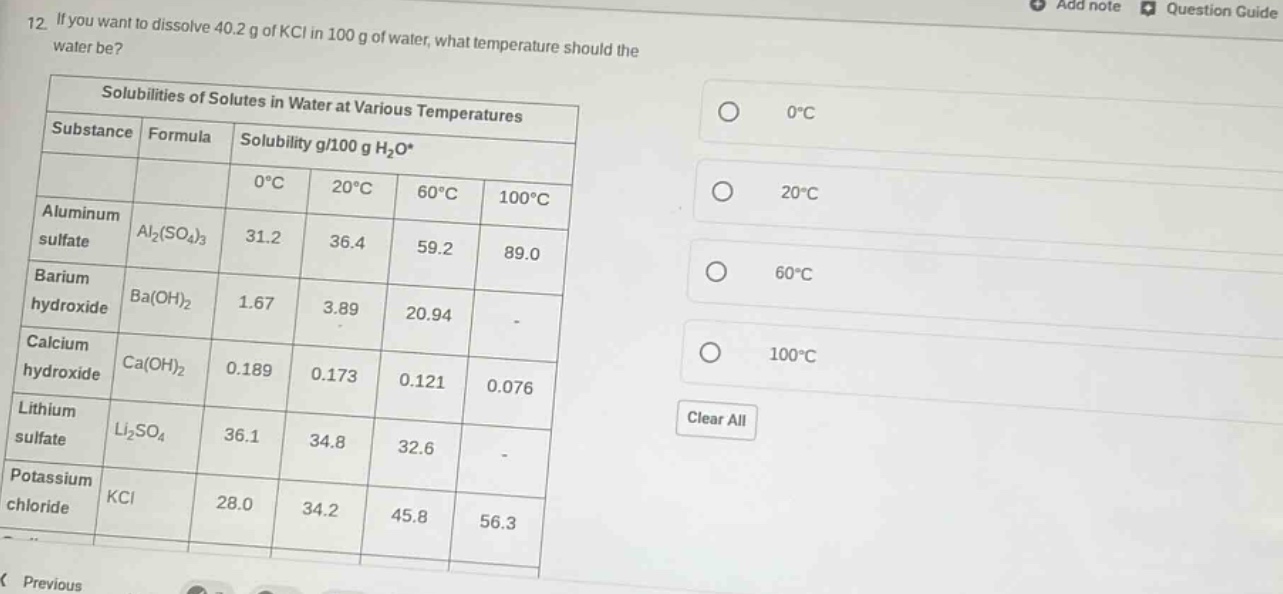 12. if you want to dissolve 40.2 g of kcl in 100 g of water, what tempe…
