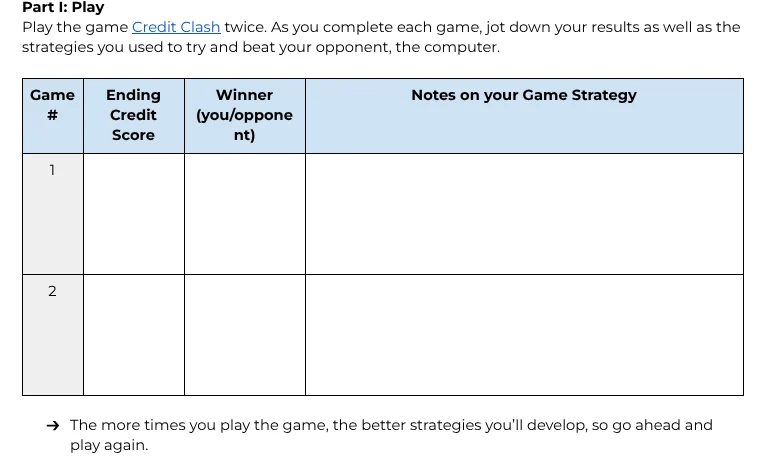 part i: play play the game credit clash twice. as you complete each gam…