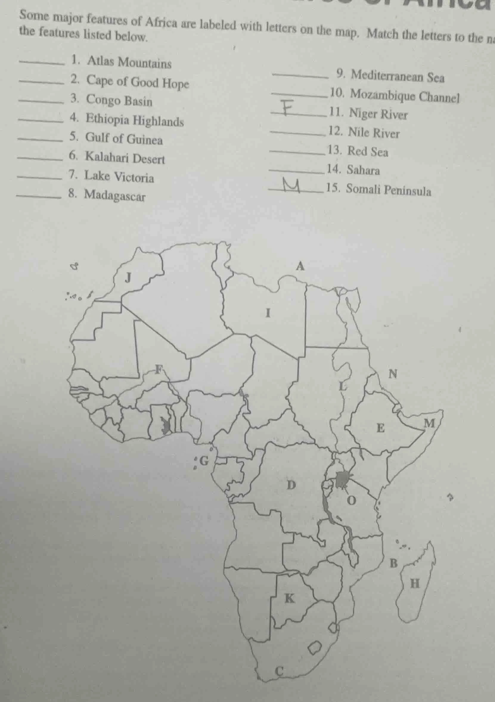 some major features of africa are labeled with letters on the map. matc…