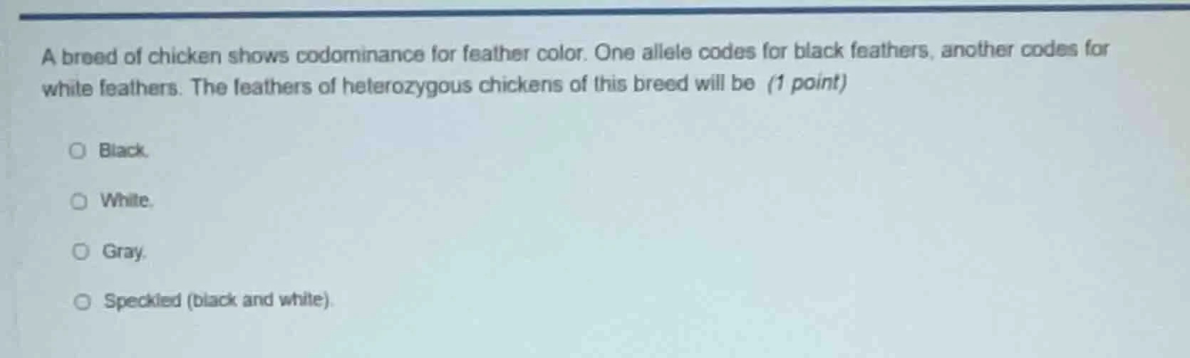 a breed of chicken shows codominance for feather color. one allele code…