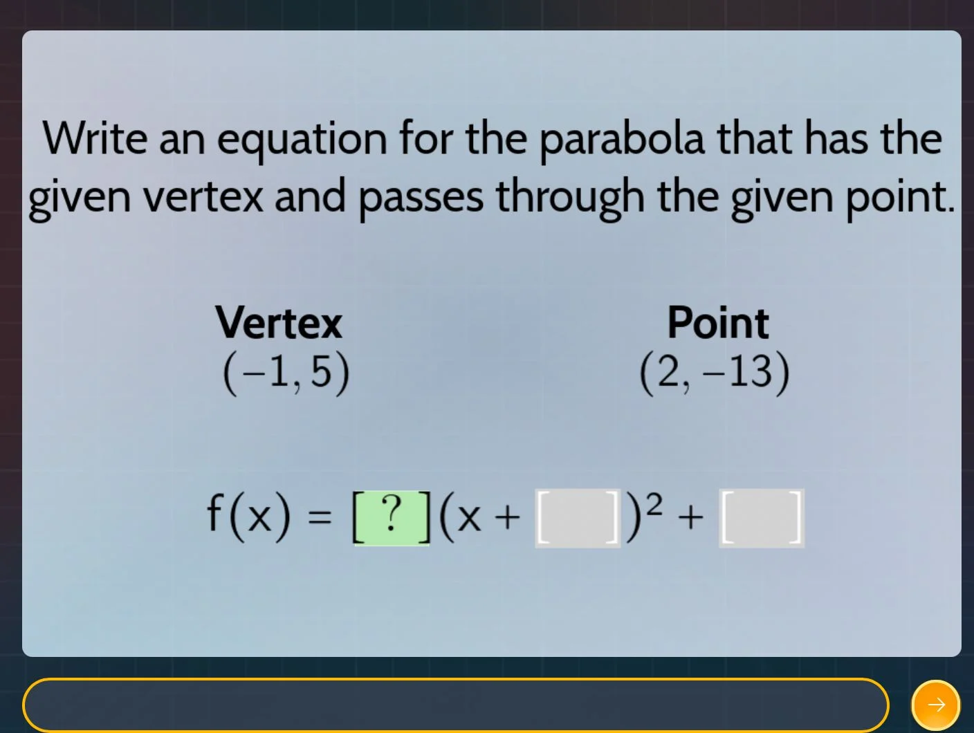 write an equation for the parabola that has the given vertex and passes…