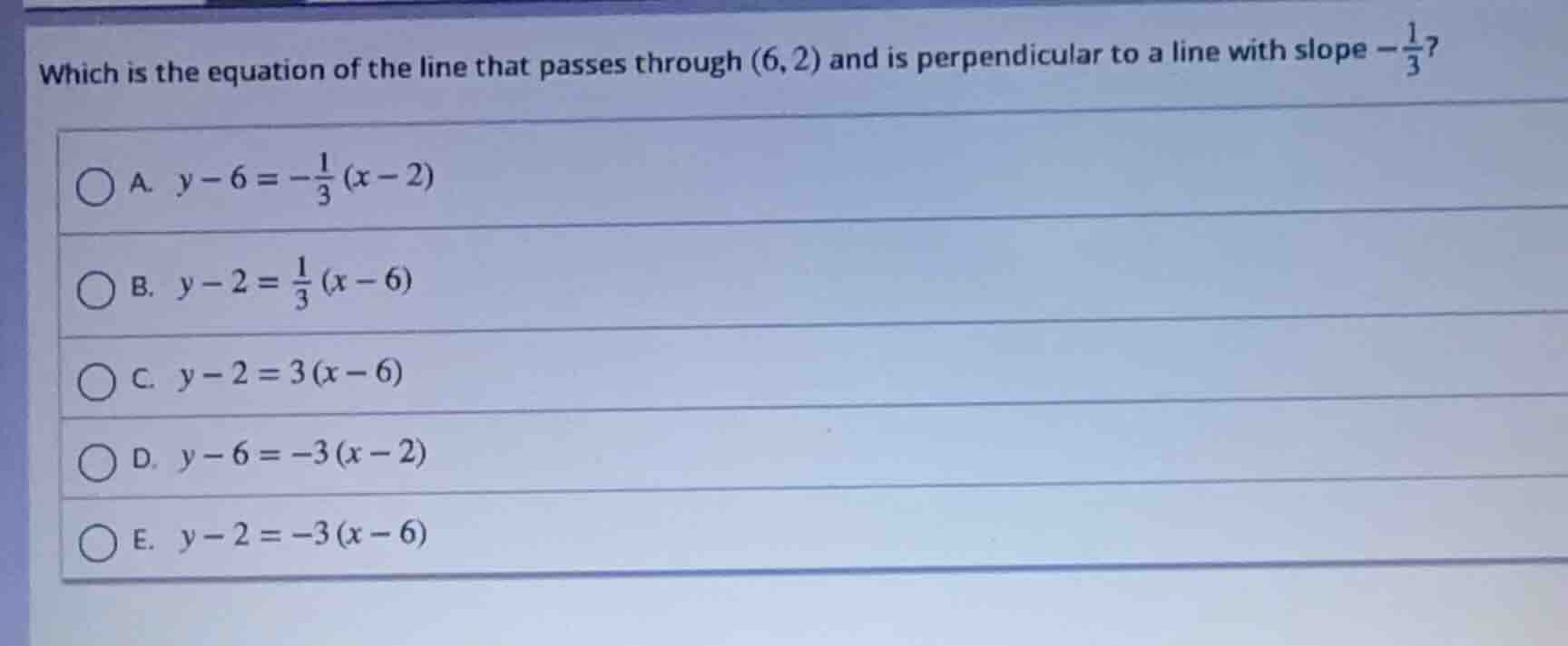 which is the equation of the line that passes through (6,2) and is perp…