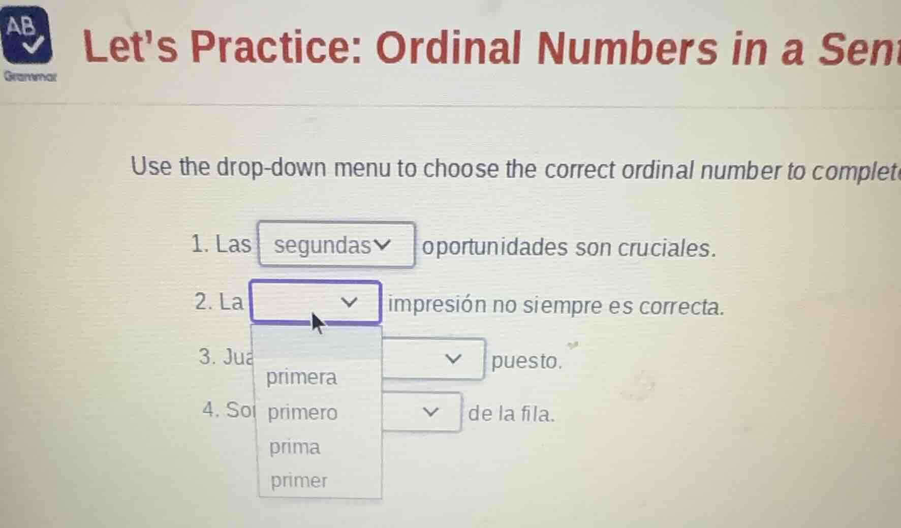 lets practice: ordinal numbers in a sentence use the drop - down menu t…