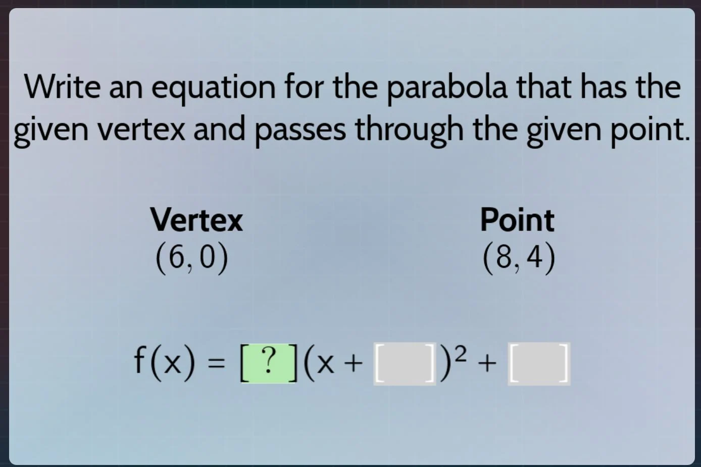 write an equation for the parabola that has the given vertex and passes…