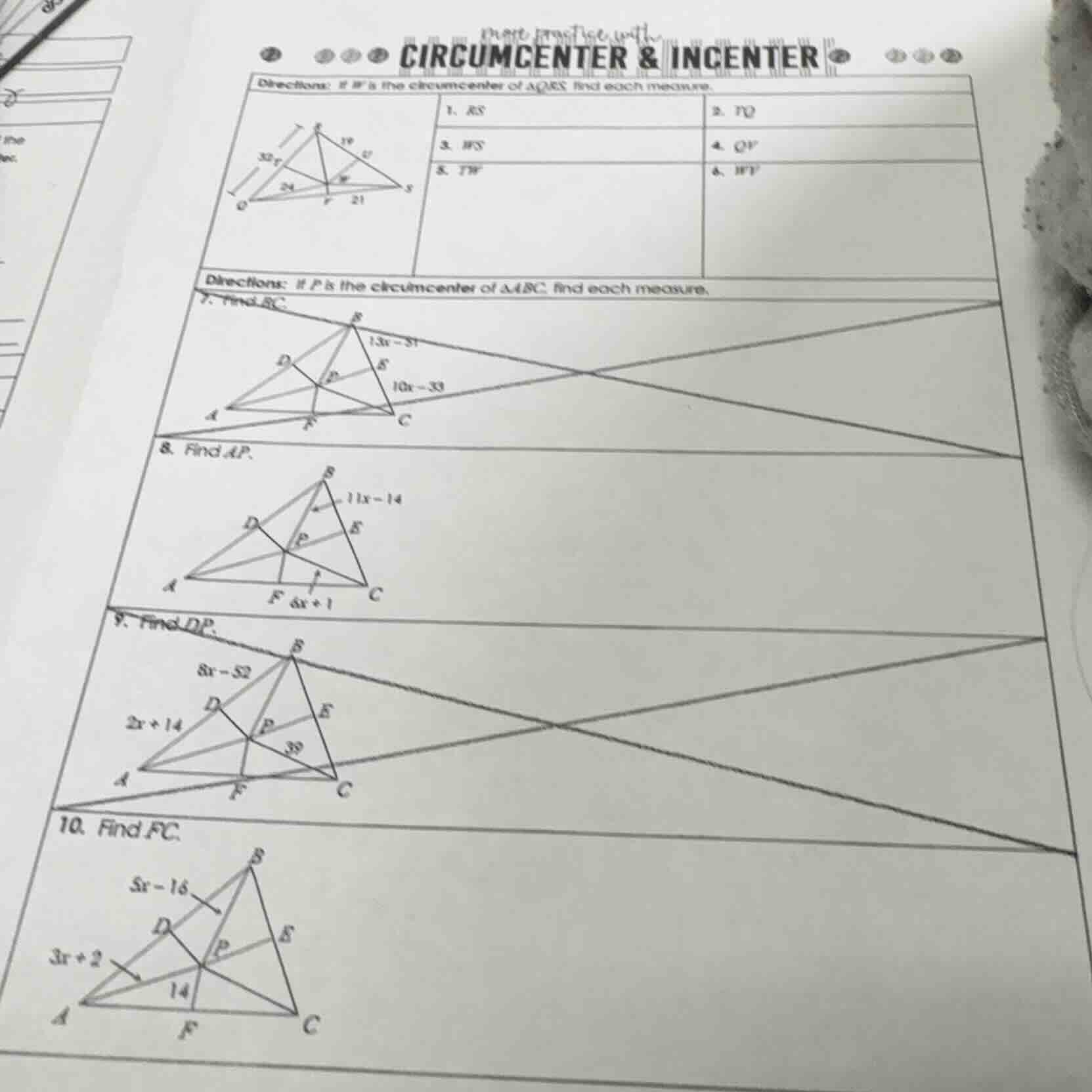 more practice with circumcenter & incenter directions: if w is the circ…