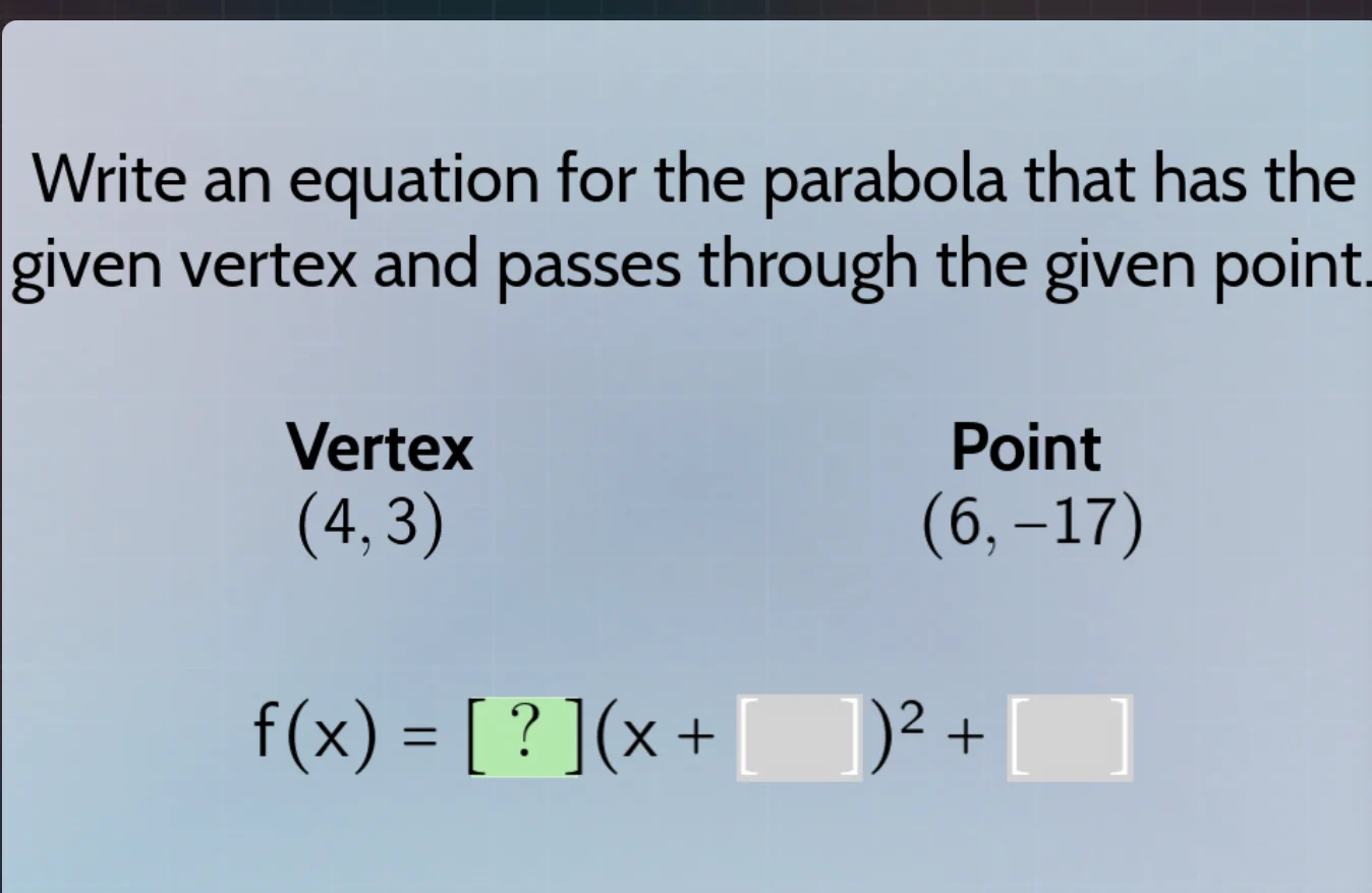 write an equation for the parabola that has the given vertex and passes…