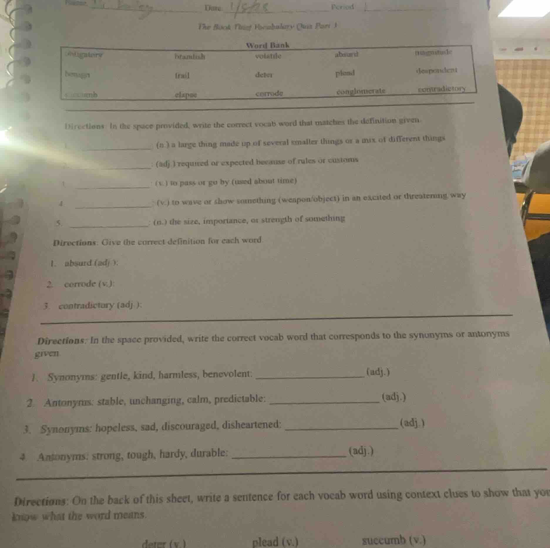 name ______ date ______ period ______ the book thief vocabulary quiz pa…