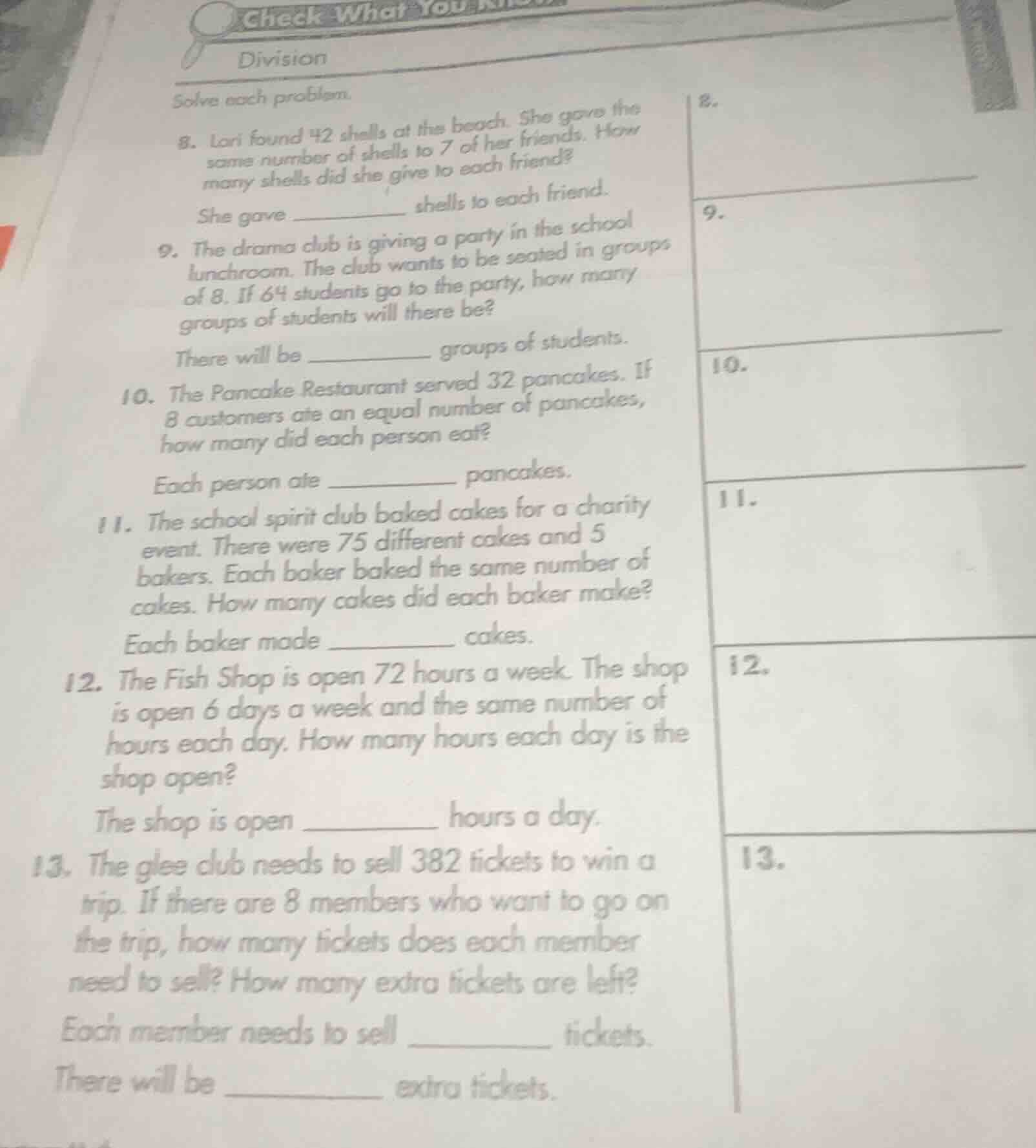 check what you know division solve each problem. 8. lori found 42 shell…