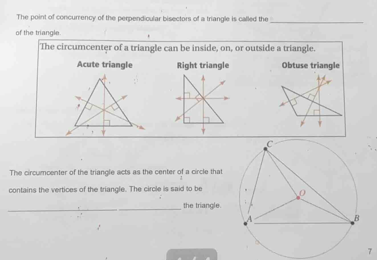the point of concurrency of the perpendicular bisectors of a triangle i…