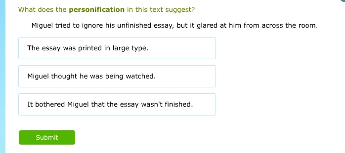 what does the personification in this text suggest? miguel tried to ign…
