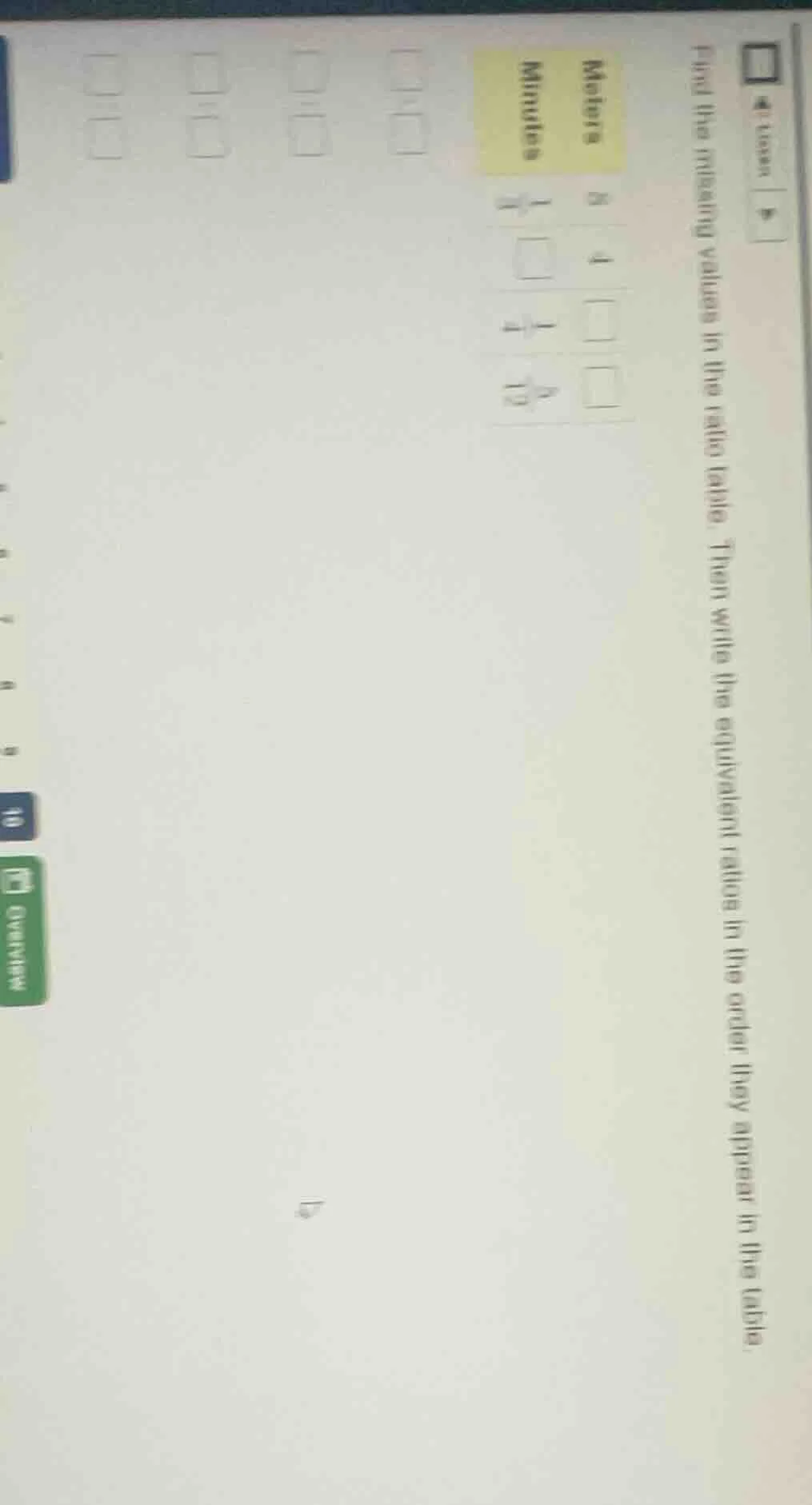 find the missing values in the ratio table. then write the equivalent r…