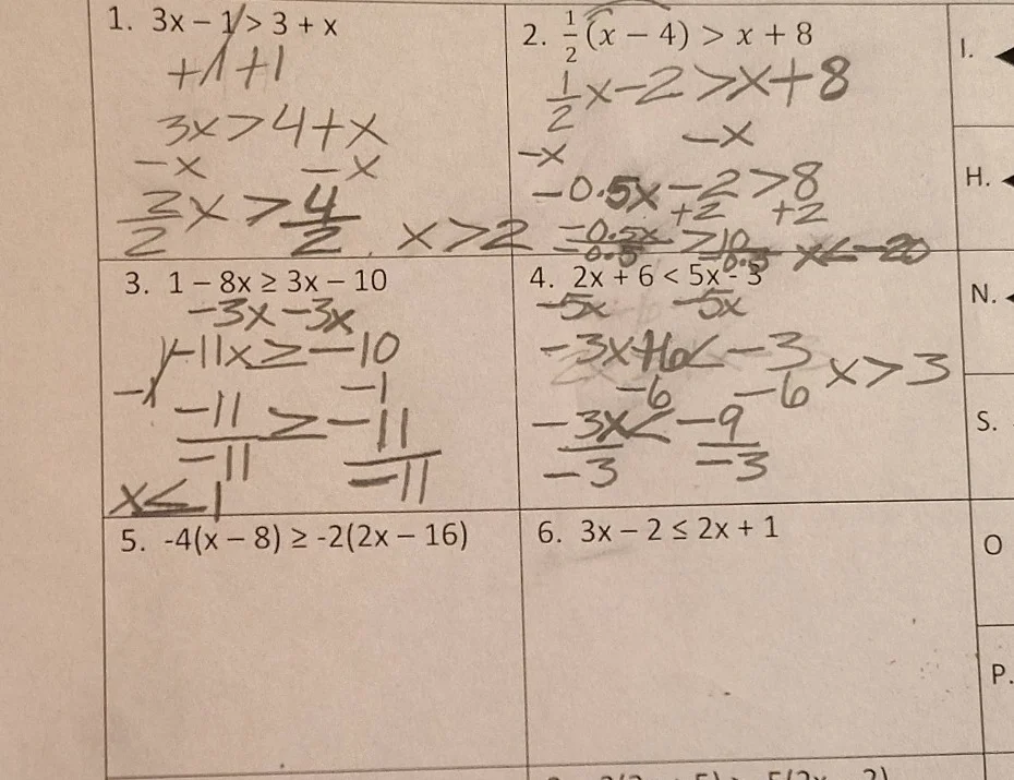 1. $3x - 1 > 3 + x$ $+1 +1$ $3x > 4 + x$ $-x \\ \\ \\ \\ \\ -x$ $\\frac…