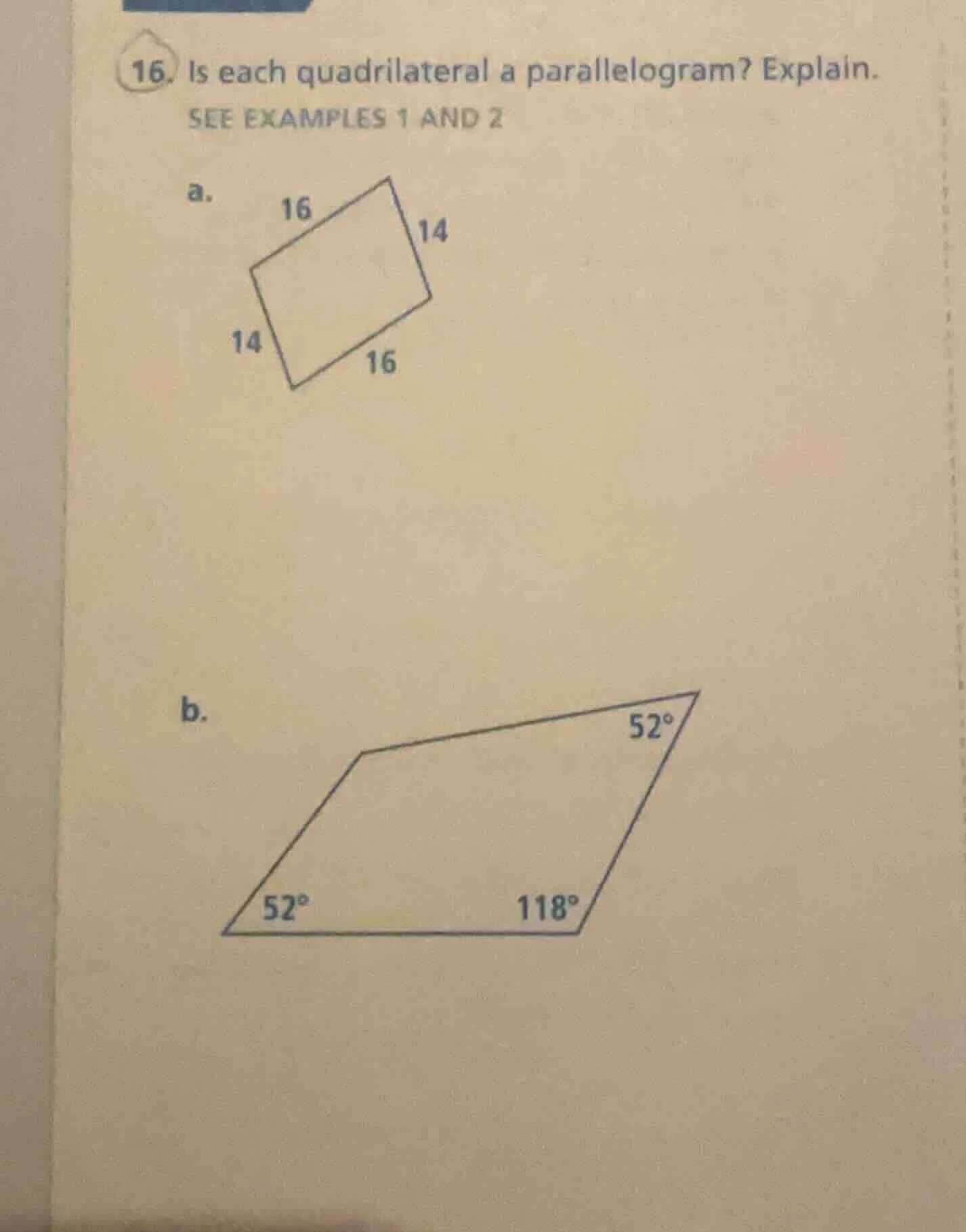 16. is each quadrilateral a parallelogram? explain. see examples 1 and …