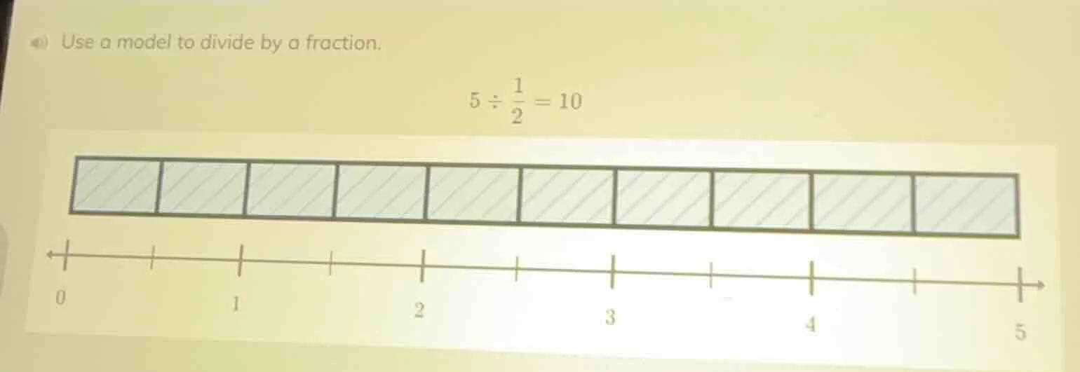 use a model to divide by a fraction. $5 \\div \\frac{1}{2} = 10$