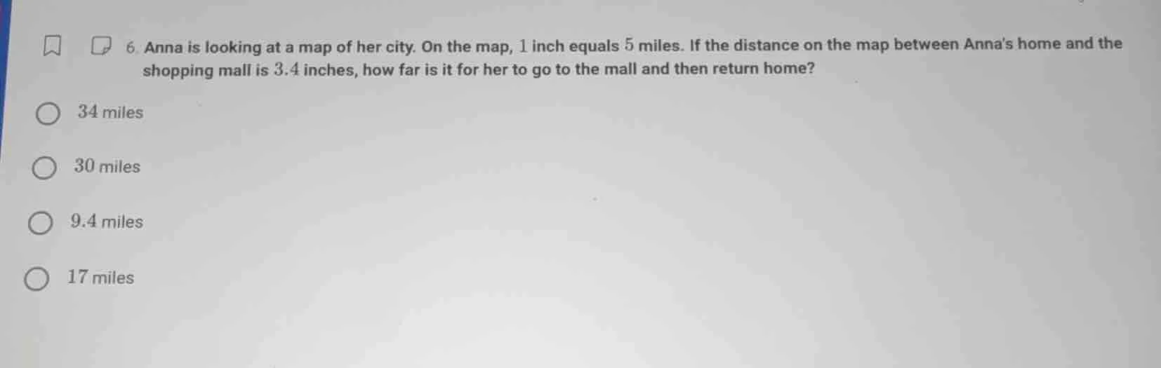 6 anna is looking at a map of her city. on the map, 1 inch equals 5 mil…