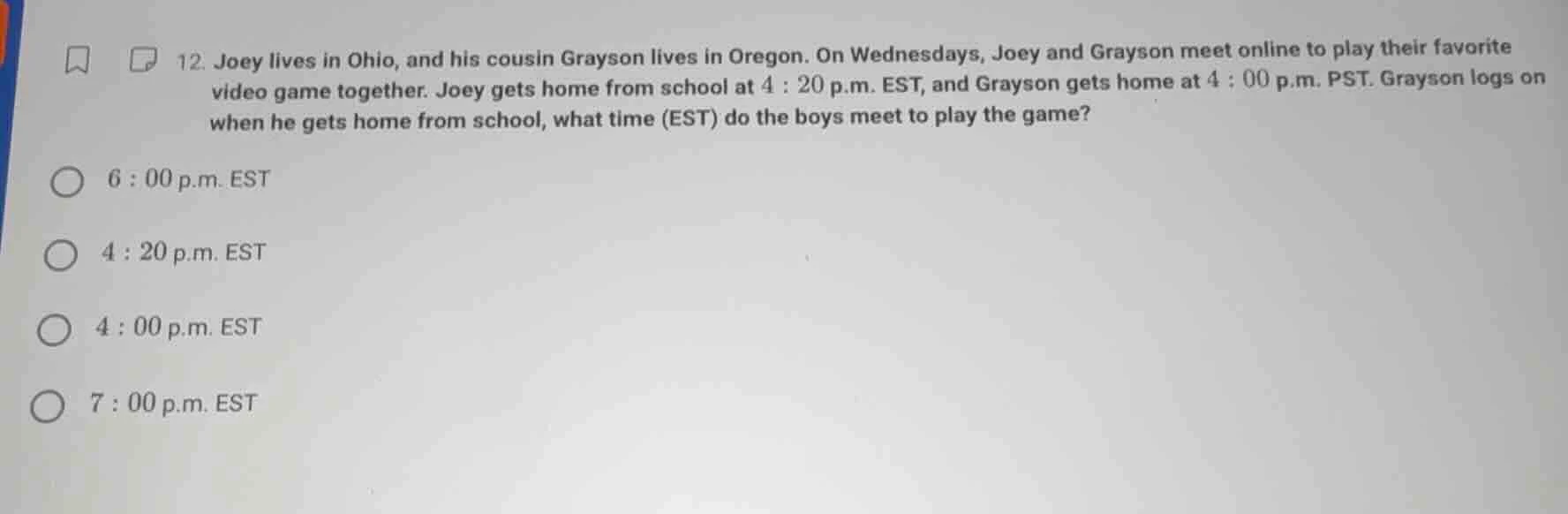 12. joey lives in ohio, and his cousin grayson lives in oregon. on wedn…