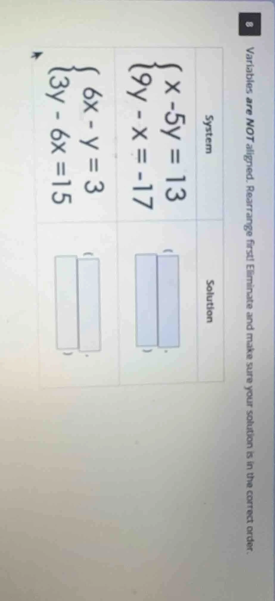 variables are not aligned. rearrange first! eliminate and make sure you…